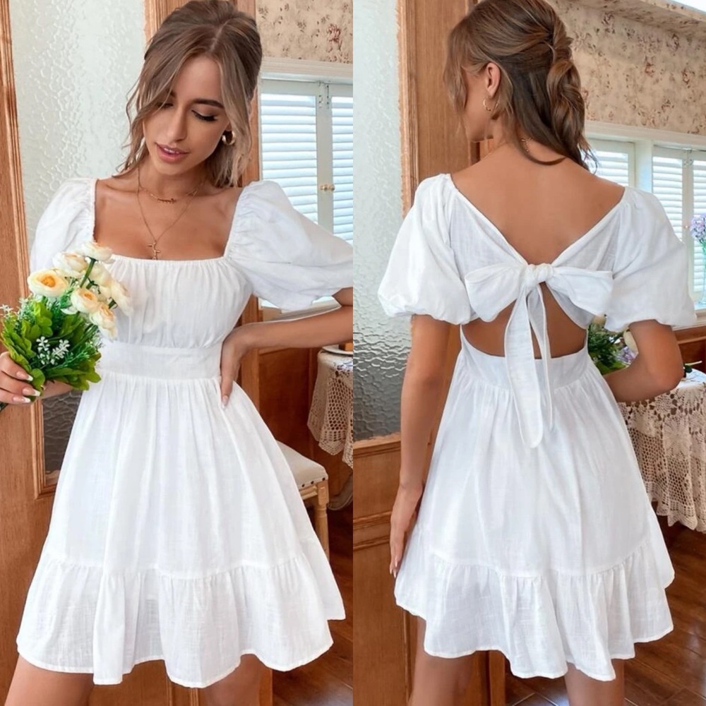 Short sleeve square neck cutout ruffle mini dress boho black - Picture 3 of 3